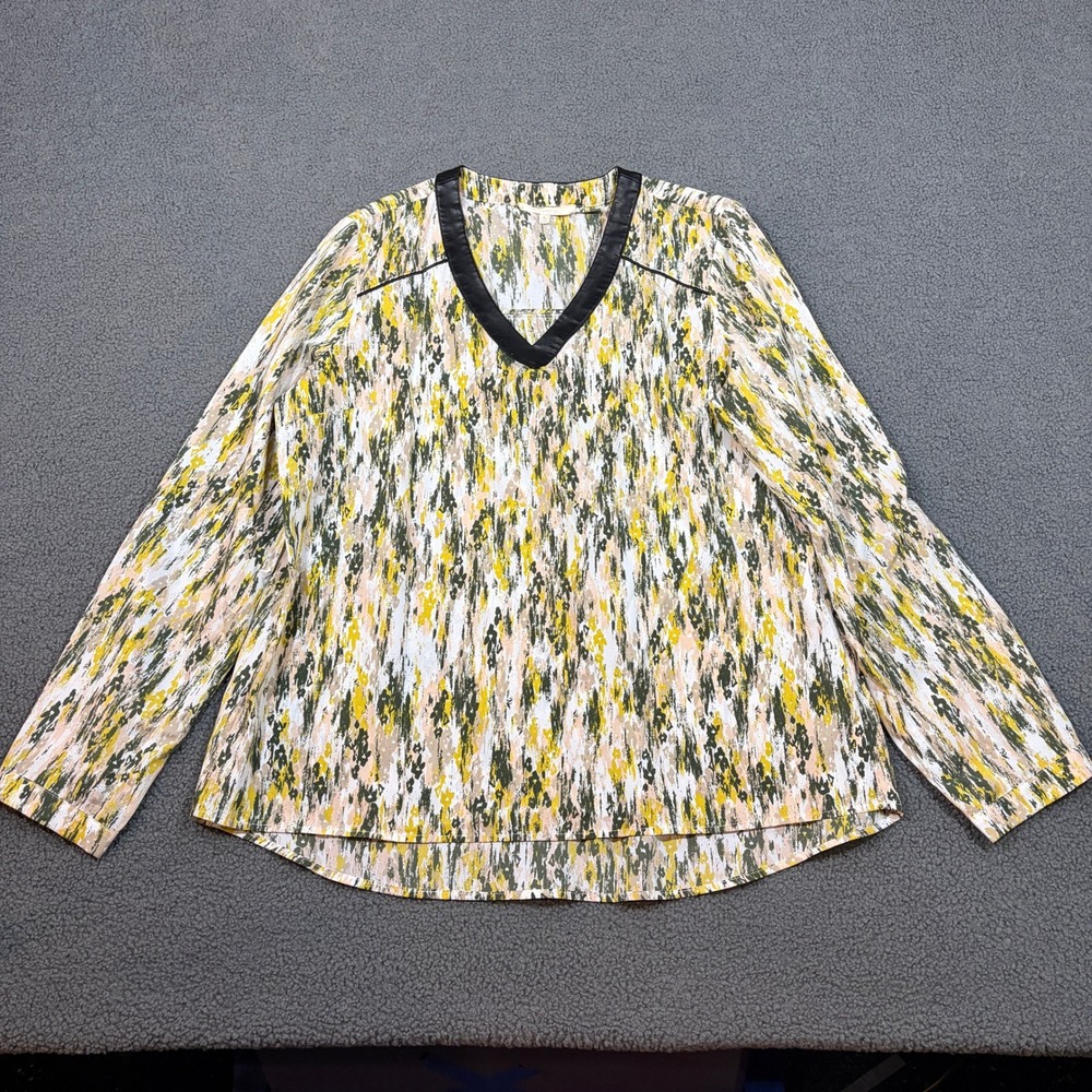 41 Hawthorn Blouse Womens L Yellow Abstract Ikat V-Neck Faux Leather Trim 8679